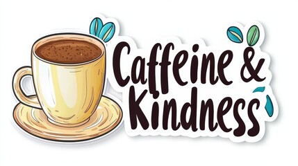 Minimalist coffee sticker quote: "Caffeine and Kindness" with clean design and cozy feel. Isolated on white.
