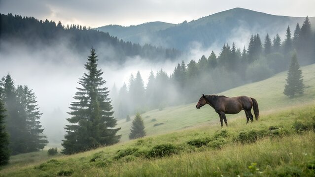 Hucul Horse in Misty Carpathian Mountain Pasture