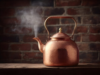antique metal copper teapot stands on the table and boils, hot steam, tea party