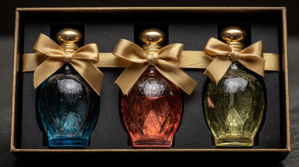 Obraz premium Elegant set of three multicolored glass perfume bottles in gift box, adorned with golden bows, perfect for special occasions