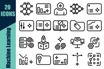 Machine Learning Icon Set &ndash; AI, Neural Network, Data Science, Algorithm, Artificial Intelligence, Big Data, Vector Line Icons