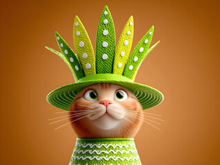 Close-up portrait of an cat wearing a funny handmade winter woolen hat, looking up with curiosity, funny animals