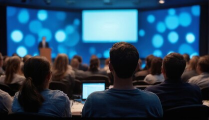 Corporate Conference Room Presentation with Engaged Audience in Dimly Lit Setting