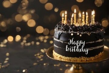 Festive black birthday cake with candles on gold stand, surrounded by confetti, 'Happy Birthday' in cursive, creating warm glow.