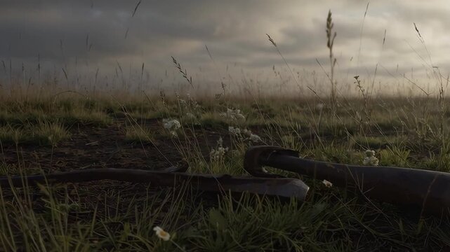 Windy grassland scene with dramatic clouds and vintage bicycle handlebars