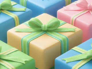 Pastel gift boxes featuring glossy ribbons, arranging colorful presents with delicate bows, evoking celebratory mood for festive moments