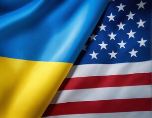 Fototapeta premium Closeup aerial view of Ukrainian and American flags with vibrant colors and distinct textures in topdown perspective.