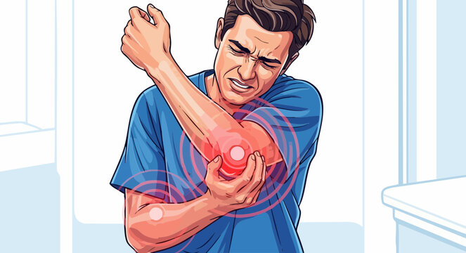 Man experiencing intense elbow pain, medical illustration