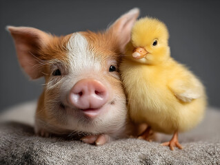 Cute piglet nestling beside fluffy yellow chick, sharing cozy blanket and displaying unlikely animal companionship