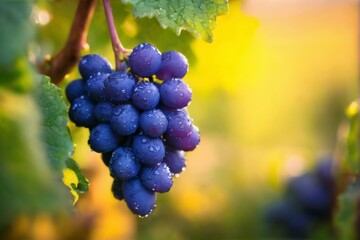 Fototapeta premium Closeup of luscious dark purple grapes on vine with water droplets, healthy green leaves under sunlight in a garden.