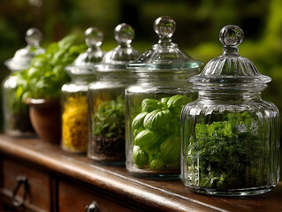 Glass transparent jars with medicinal useful herbs, seasonings and spices, jar with lids for stylish kitchen design, home cooking, salt, seasoning, aromatic herbs for baking
