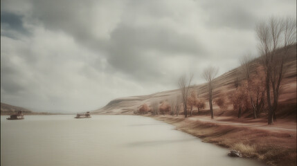 vintage color countryside river, tranquil boat scene in neutral tones, fine art nature shoreline composition,&ldquo;neutral tone river landscape, neutral tone river view with boats, neutral tone river shore