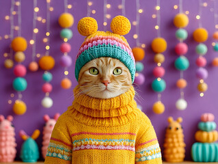 Close-up portrait of an cat wearing a funny handmade winter woolen hat and a warm sweater jacket, looking up with curiosity, funny animals