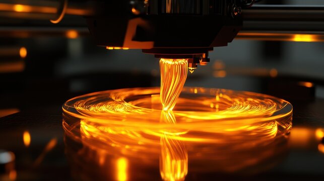 Close-up of a machine dispensing glowing orange filament onto a circular glass plate, creating swirling patterns.  