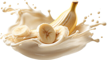 milk splash with fresh bananas against white background