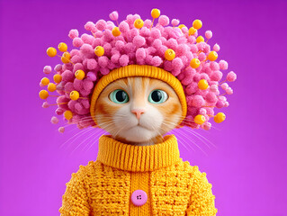 Close-up portrait of an cat wearing a funny handmade winter woolen hat and a warm sweater jacket, looking up with curiosity, funny animals