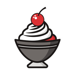 Ice Cream Bowl with Cherry – Flat Monochrome Dessert Vector Icon