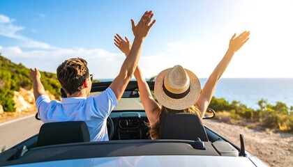 Couple in convertible car, enjoying sunny road trip