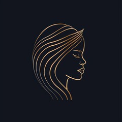 Elegant Profile Line Art of a Woman with Flowing Hair on Dark Background