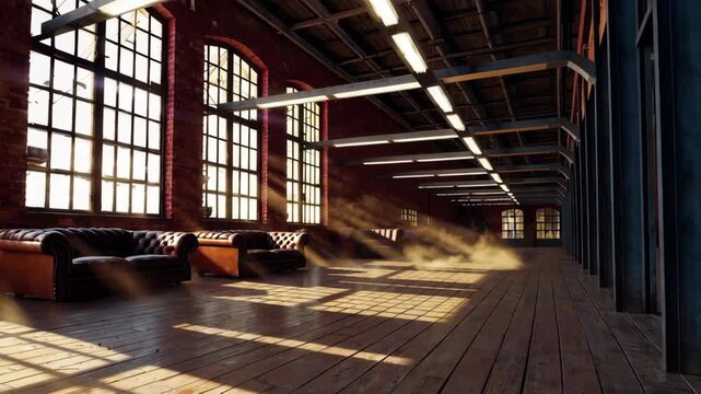 Sunlit loft interior with vintage sofas and dramatic light rays through large windows