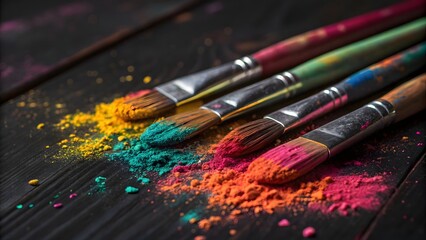 Obraz premium Colorful Paintbrushes with Powder Pigments on Dark Wooden Surface – Artistic Flatlay