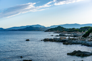 Rocky coast and mountains dominating the landscape of Capo Ferrato, Sardinia
