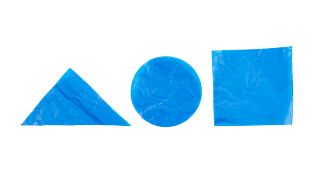 Crumpled blue plastic in a square, triangle, and circle shape isolated on transparent background