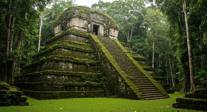 Ancient Mayan Pyramid Covered in Lush Green Moss in Dense Jungle