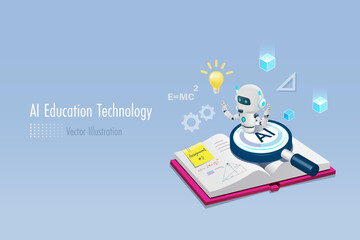AI Artificial intelligence robot on magnifying glass and textbook assist student doing homework assignment. AI education technology for data research and develop smart solution. 3D vector. 