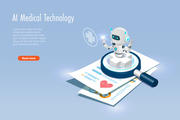 AI robot on magnifying glass and patient medical record. Artificial intelligence innovation technology for diagnosis, data research, and increasing accuracy patient treatment. Medical technology.