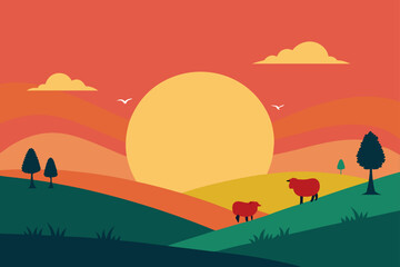 Naklejka premium Idyllic Sunset with Sheep Grazing in Meadow