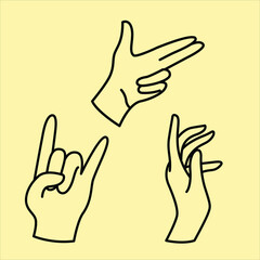 Hand Gesture Illustrations Rock On, Pointing, and Delicate Fingers on Pale Yellow Background