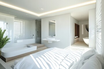 Elegant corner of modern bedroom and bathroom with white fixtures and natural light