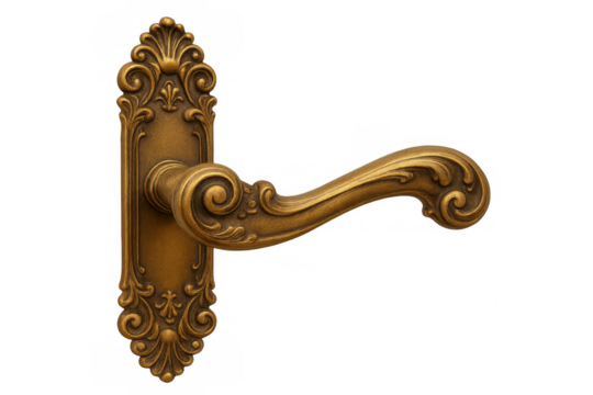 Studio shot of vintage golden door handle with ornate floral decorations, isolated on transparent background