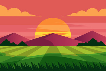 Sunset Over Rice Fields with Distant Hills and Glow