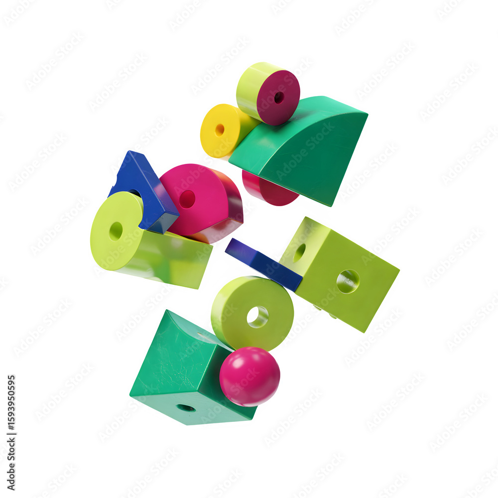 Fototapete Playful geometric shapes in vivid colors playfully float against a stark black backdrop, a modern design element.