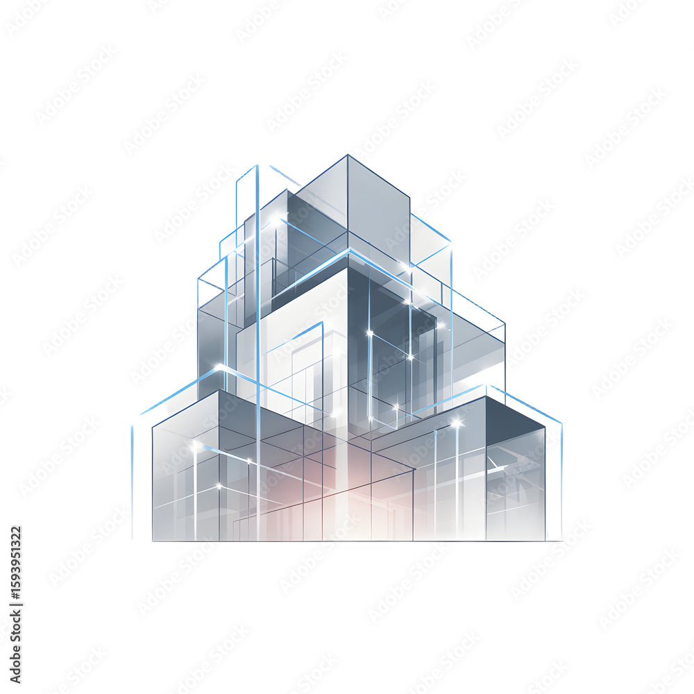 Fototapete Abstract rendering features a modern architectural structure with geometric shapes and sleek lines on a black background.