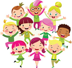 Diverse group of happy children with arms raised kids