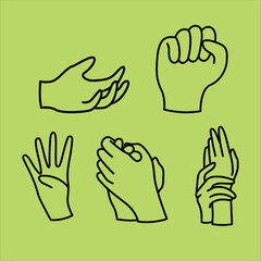 Fototapeta premium Expressive Hand Illustrations Showcasing Diverse Gestures on Green Background