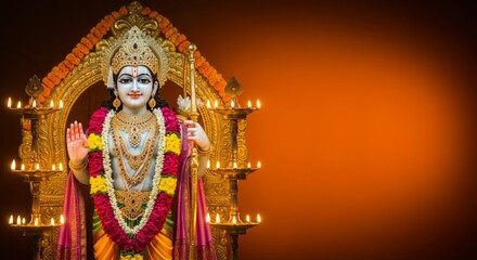Fototapeta premium Lord Rama’s idol decorated with floral garlands and lamps, glowing orange-to-gold gradient backdrop