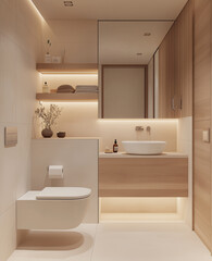 Minimalist bathroom with floating toilet sink and wooden cabinet in neutral tones