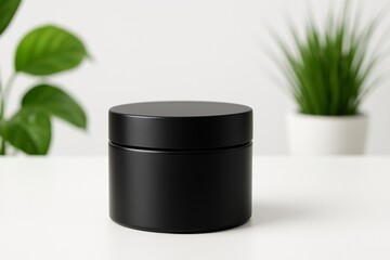 Sleek Matte Black Cosmetic Jar on White Table with Green Plants for Skincare and Beauty Product Mockup.
