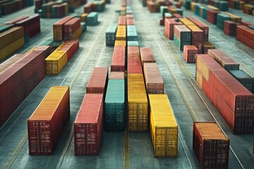 Dramatic freight yard with countries&acirc;&euro;&trade; containers locked in battle, symbolizing tariffs