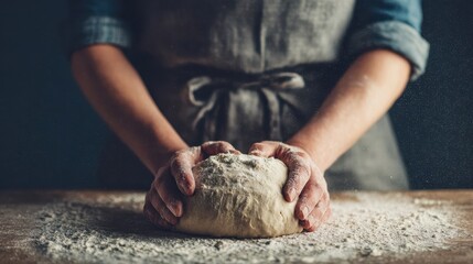 Close-up view of hands kneading dough.