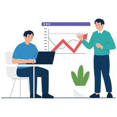 Revenue Growth Illustration. Vector illustration of A man explains a fluctuating market chart to a seated colleague, highlighting data trends and business insights. Isolated on background