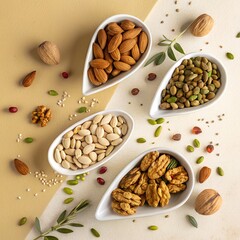 Assortment of healthy nuts and seeds in white bowls on a neutral background