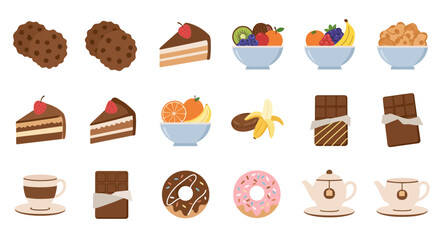 Illustration of cookies, cake slices, fruit bowls, bananas, chocolate bars, donuts, and teapots on white