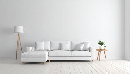 Minimalist Serenity: A stylish, white, sectional sofa is framed against a backdrop, illuminated by natural light streaming through a window. Complemented by a wooden floor lamp and side table.