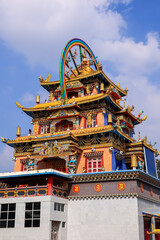 Exterior intricate architecture of Namdroling Buddhist Monastery in Kushal Nagar, Coorg, India