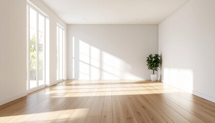 Obraz premium Modern interior with light and wood: An empty room with large windows. A houseplant adds a touch of life to the space. Natural light floods the room creating a bright atmosphere